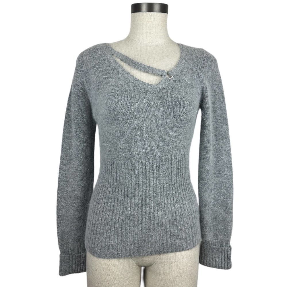 Vtg Gray Angora Lambswool Knit Sweater Size Medium Fitted Rhinestone Vintage 90s